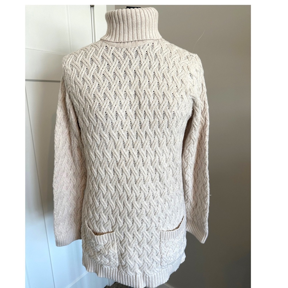 Jeanne Pierre Ivory Cotton Cable Knit Turtleneck Sweater Tunic with Pockets L